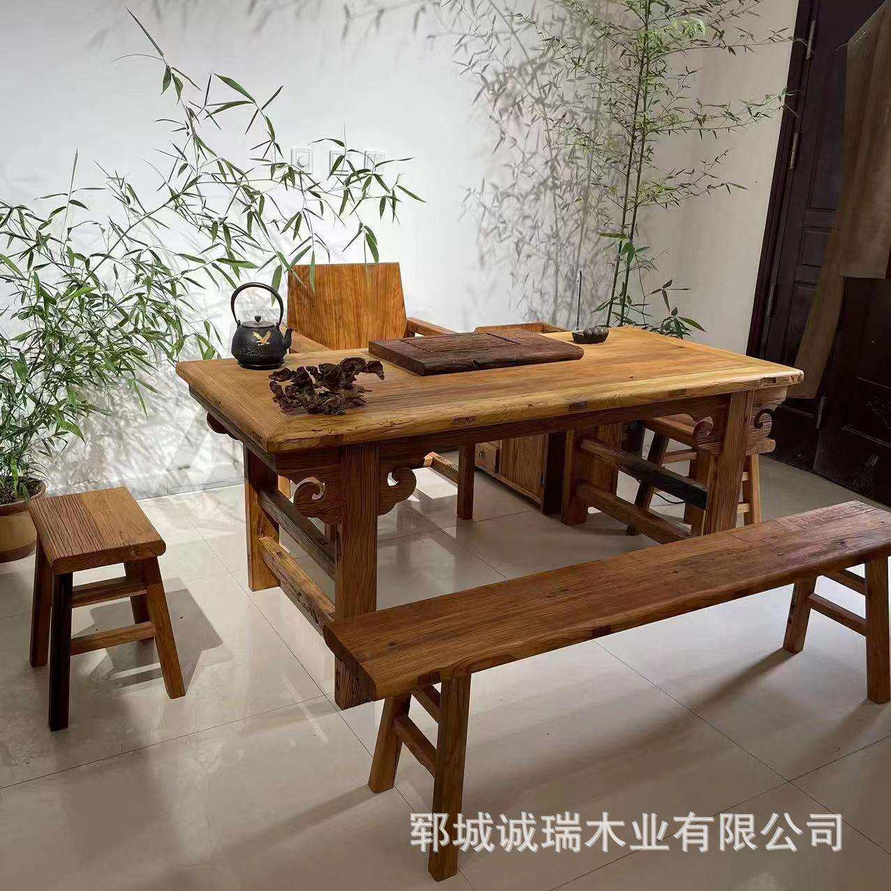 新中式老榆木门板茶桌吧台原木餐厅餐桌椅饭店实木大板桌子长条凳