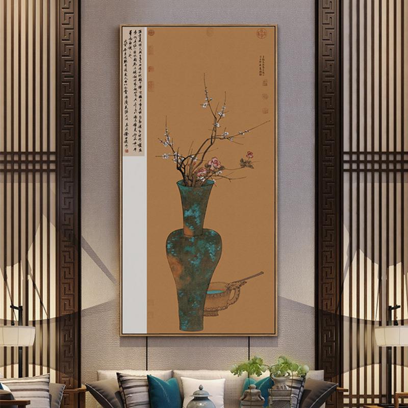 岁岁平安 新中式古典装饰画花瓶牡丹梅花挂画玄关走廊壁画中国风