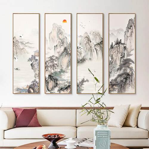 酒店民宿样板房山水画客厅装饰画四联画办公室风景国画新中式挂画