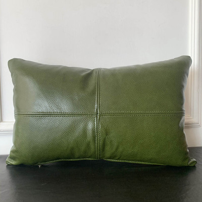 高级绿色沙发抱枕靠垫真皮腰枕A靠背枕客厅现代简约头层牛皮可定