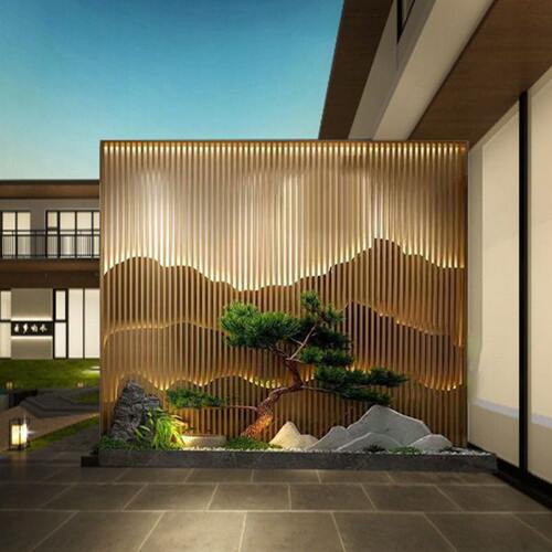 不锈钢假山屏风隔断庭院流水影壁镂空户外酒店金属格栅山水背景墙
