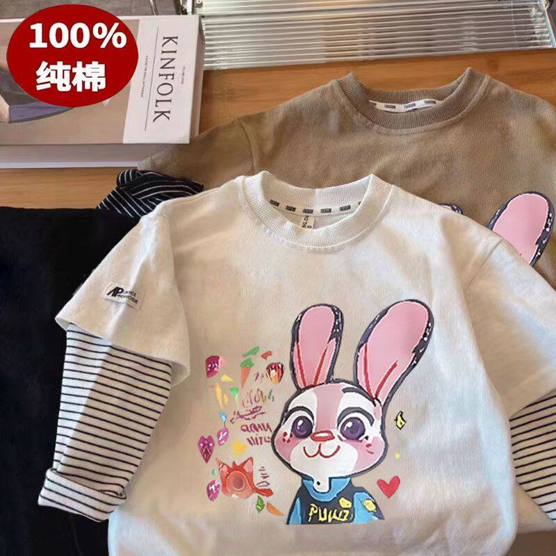 春秋新款女儿童纯棉长袖上衣兔子警官卡通印花拼接假两件长袖t恤