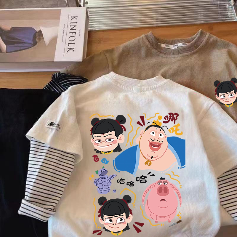 哪吒儿童纯棉长袖衣服春秋男女童假两件外穿洋气上衣百搭T恤打底t
