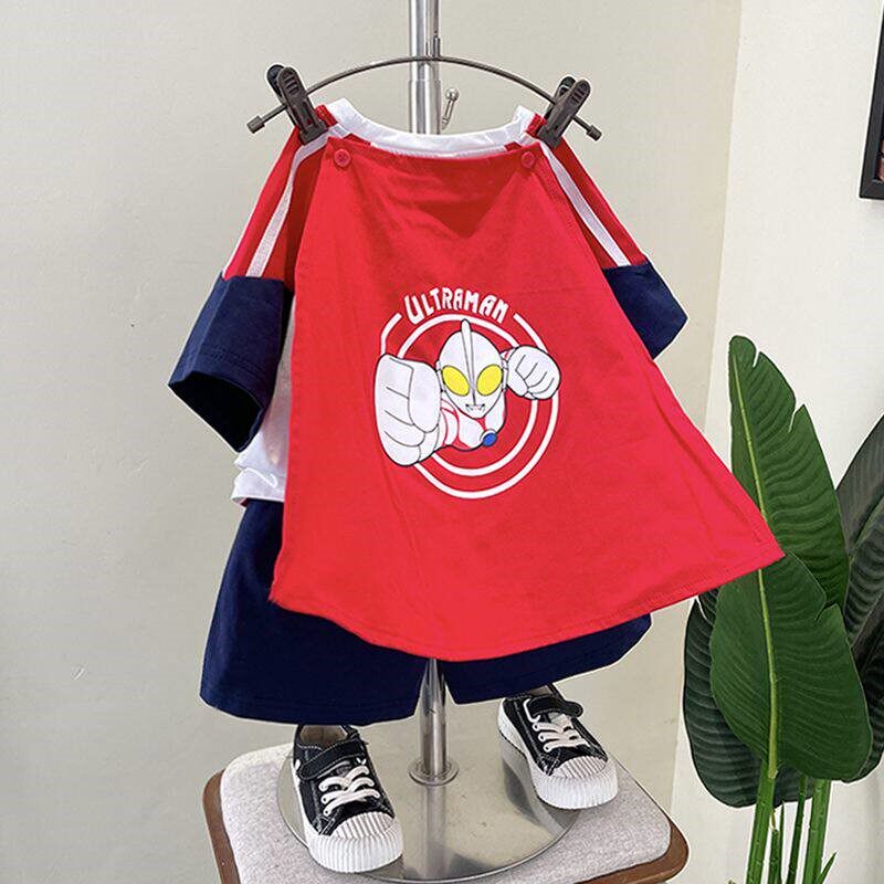 迪迦卡通纯棉奥特曼衣服男童T恤带披风套装儿童夏宝宝短袖两件套