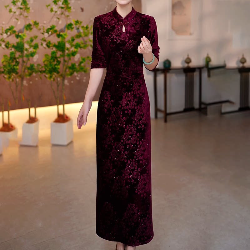 洋气花色立领长袖旗袍裙2026秋季新款时尚复古妈妈装新中式连衣裙