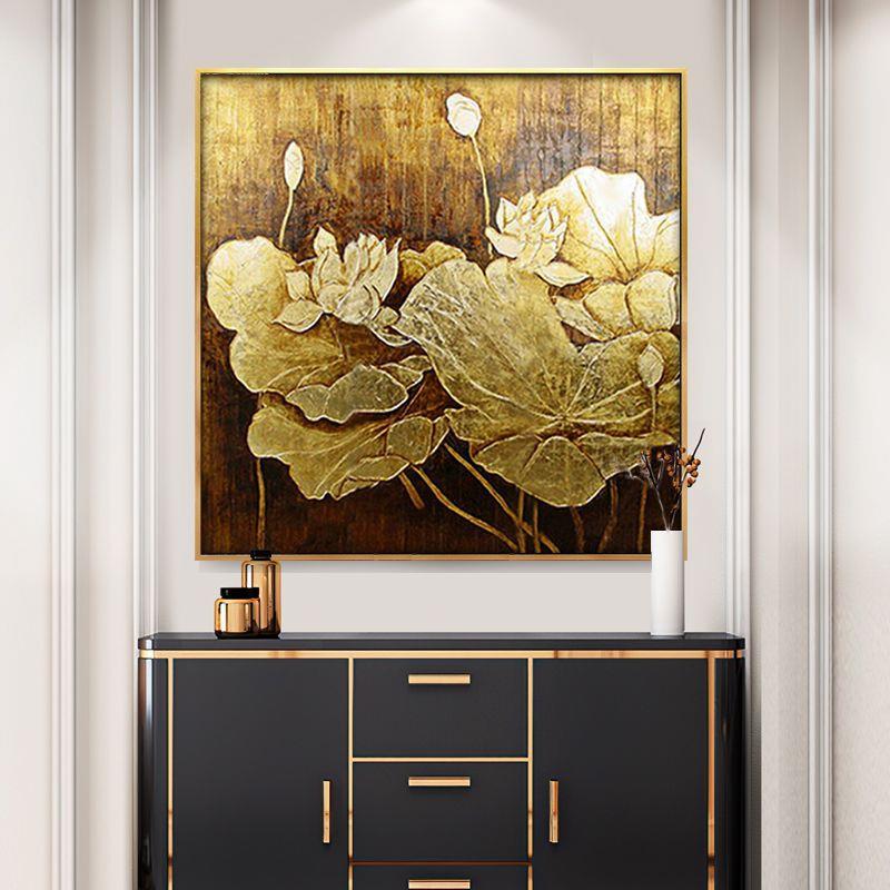 东南亚挂画金箔画手绘油画荷叶莲花装饰画客厅入户玄关壁画抽象画