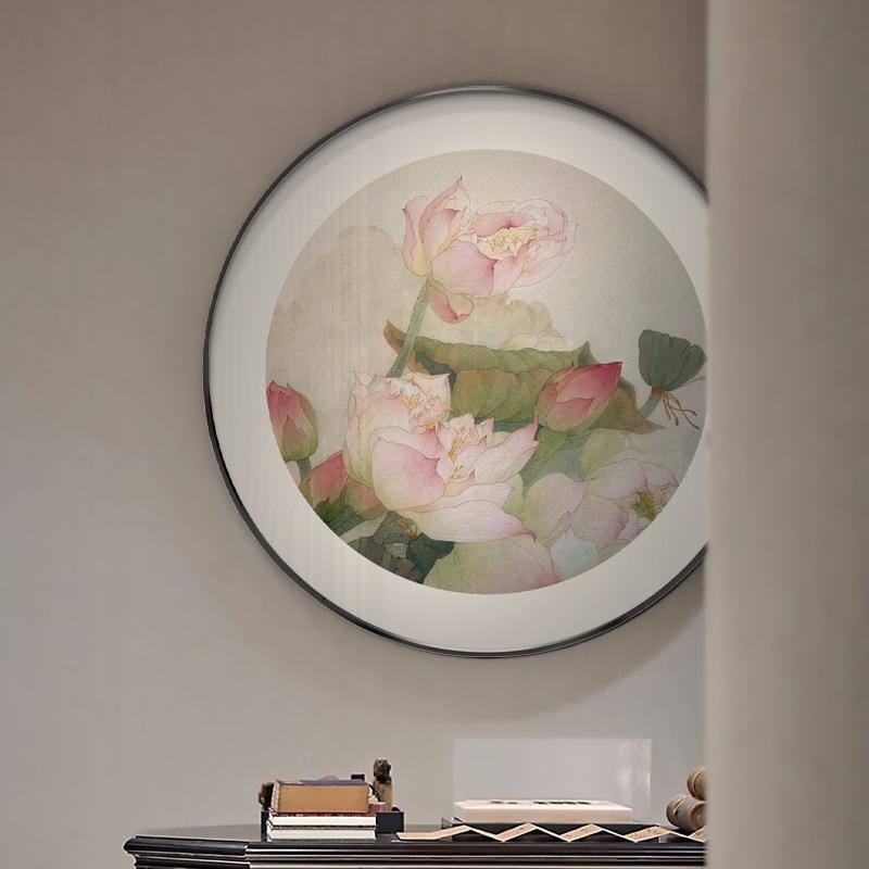 新中式客厅玄关餐厅装饰画卧室床头荷花挂画民宿圆形中国风壁画