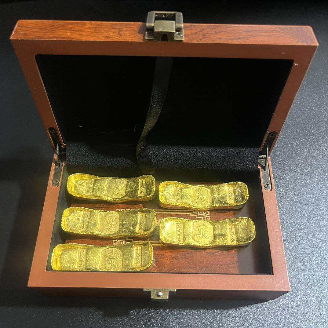 古玩收藏实心金锭福禄寿喜财金饼金元宝金砖仿铜五帝金条仿古鎏金