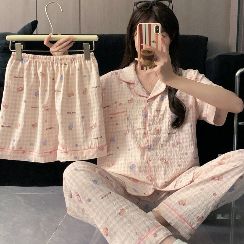 2026新款睡衣女春夏款云朵棉短袖家居服三件套装可外穿