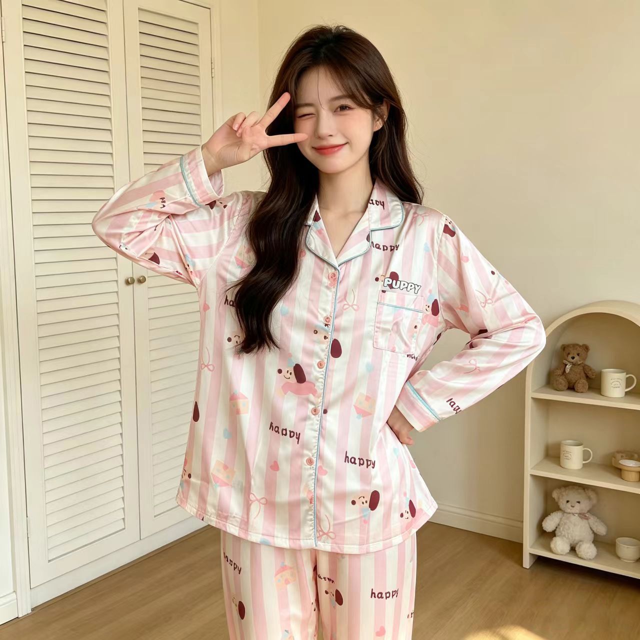 甜美可爱卡通小狗睡衣女春季纯棉薄款衬衫领家居服套装