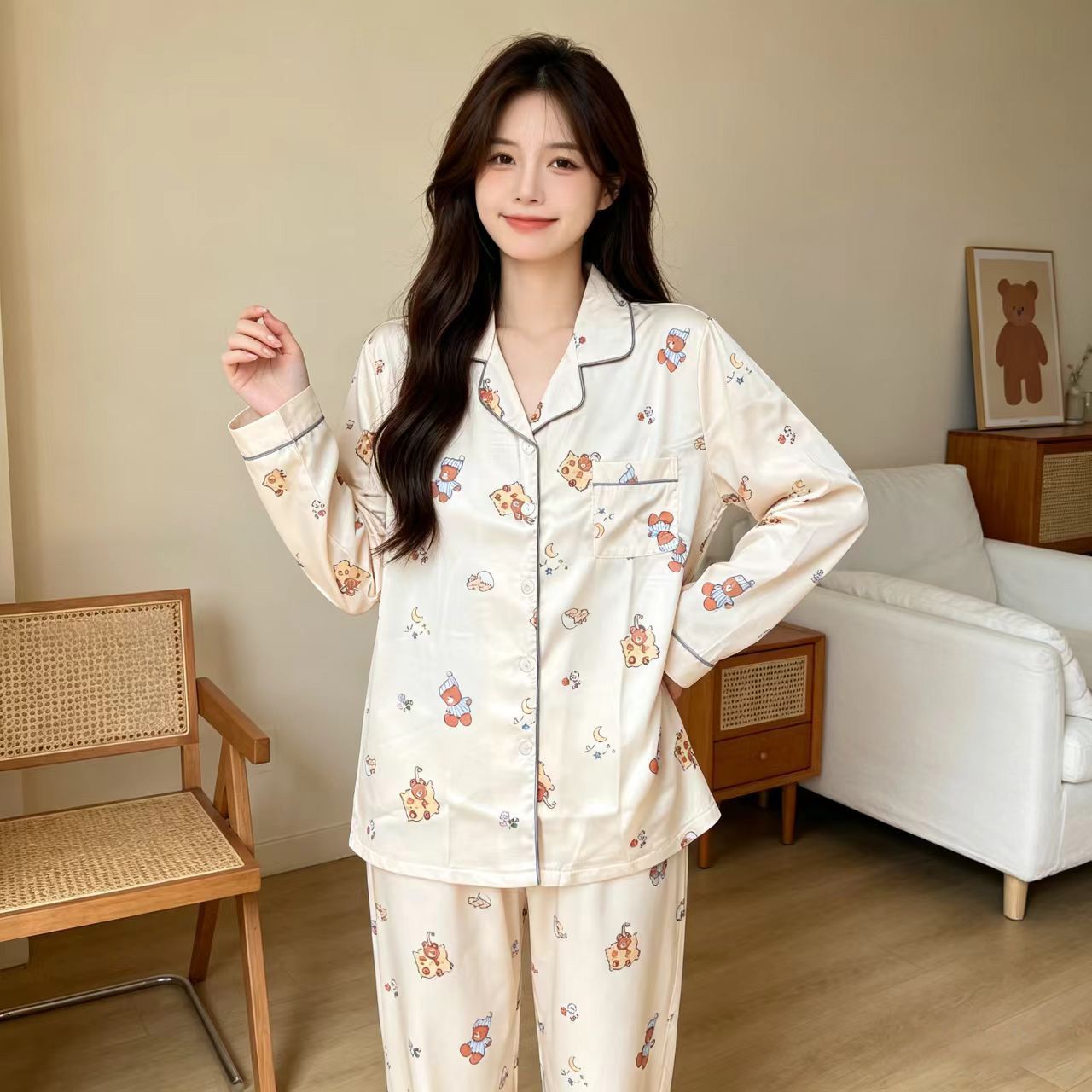 可爱卡通小熊睡衣女春季薄款开衫长袖家居服套装可外穿