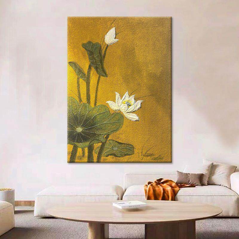 顺丰】荷花厚肌理新中式装饰画玄关复古手绘油画客厅石英砂花卉竖