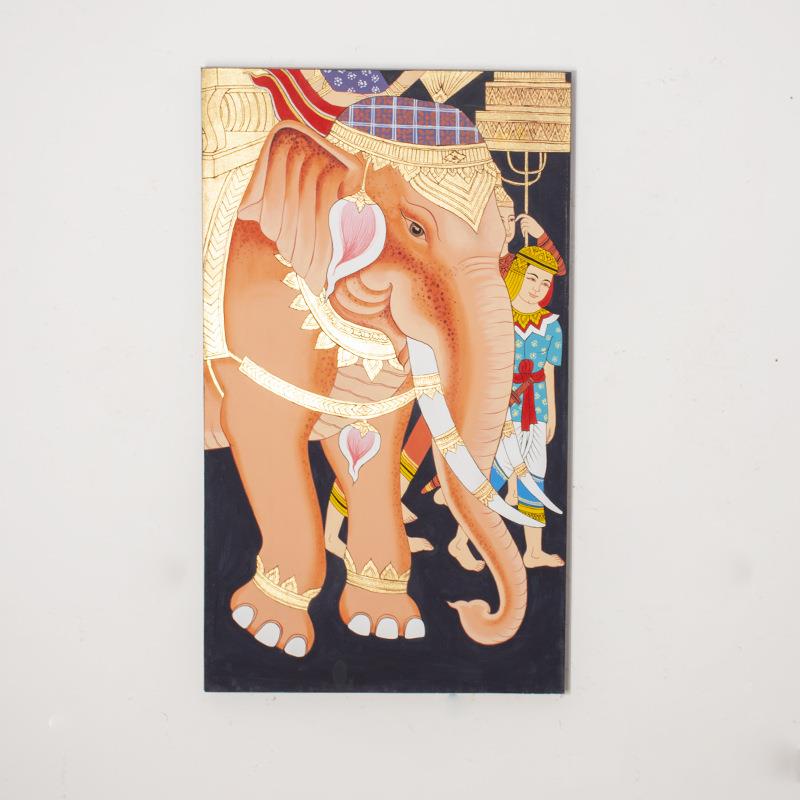 东南亚风格手工绘制泰国大象挂画泰式spa按摩店玄关墙上装饰画