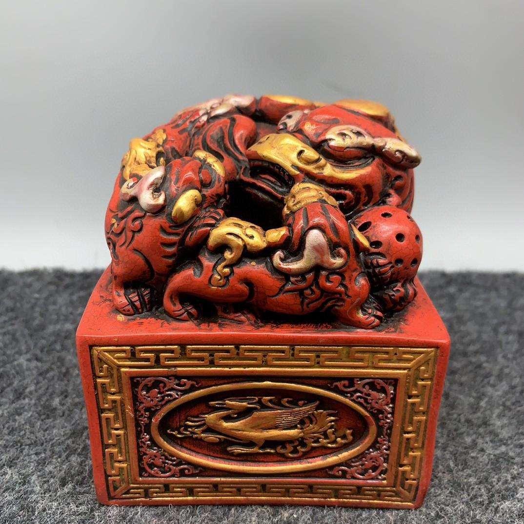 古玩仿寿山石雕朱砂描金印章64神兽三貔貅玉玺摆件带字客厅装饰