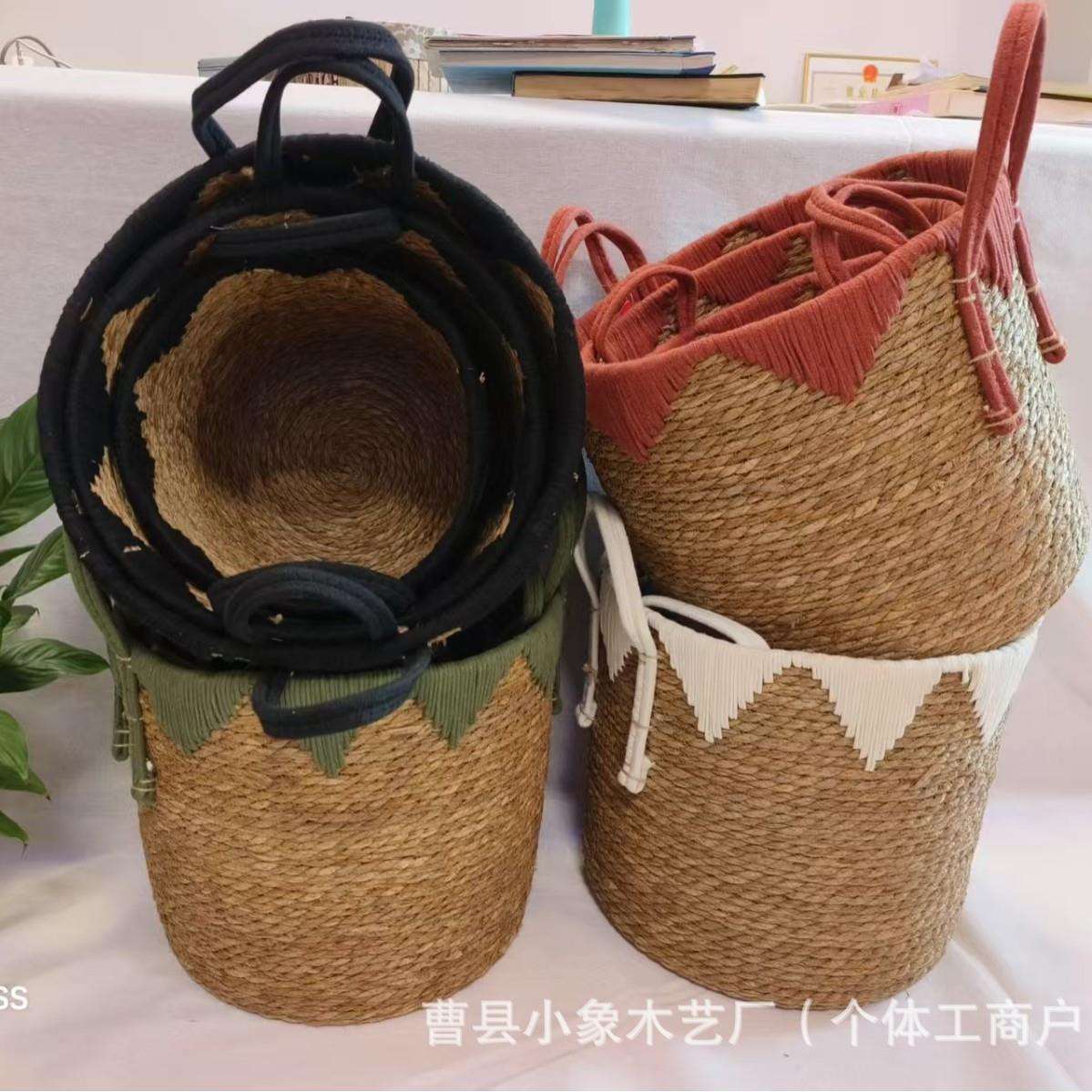 北欧草编手提编织花篮家居客厅创意装饰收纳篮蒲草编织储物收纳筐