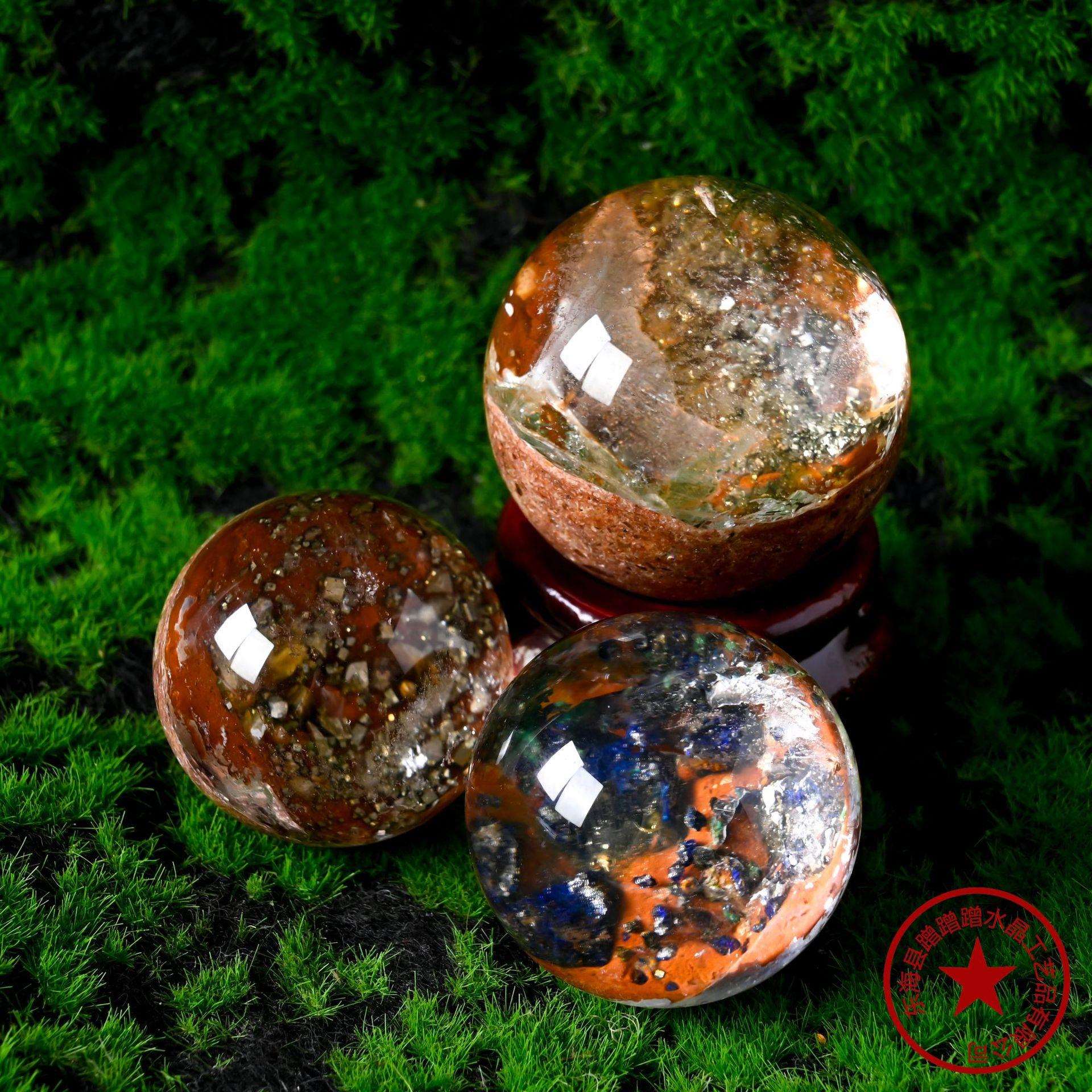 天然水晶黄铁矿幽灵水晶球水晶原石矿石圆珠幽灵七星阵风水球摆件