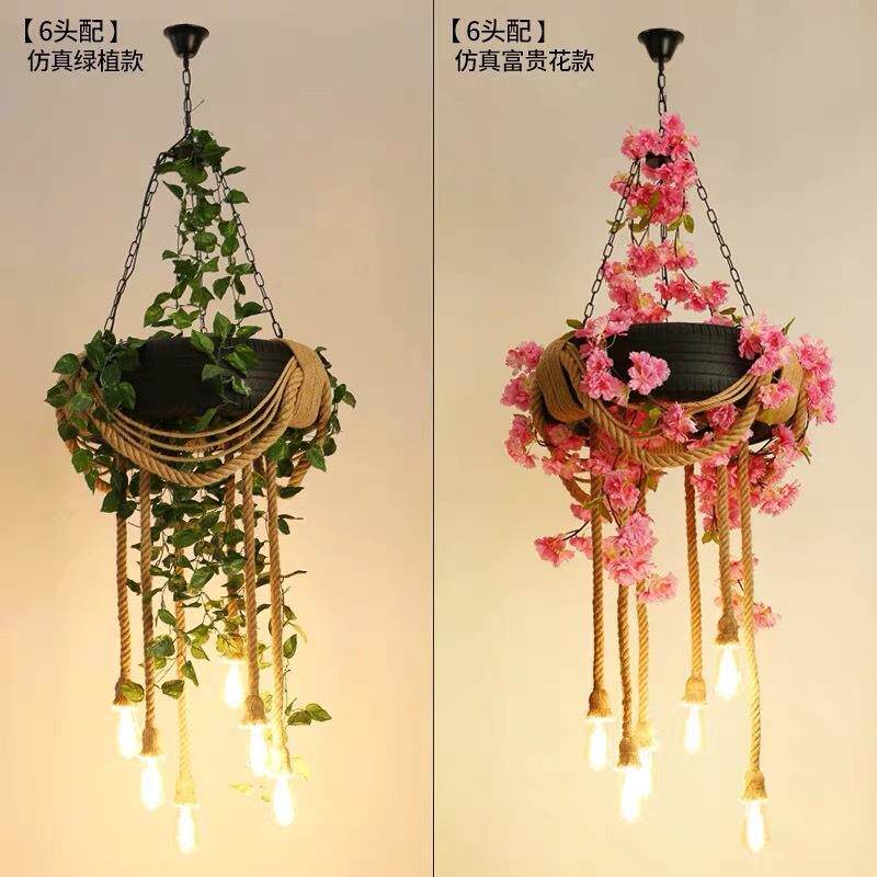 工业风轮胎植物吊灯个性创意音乐主题餐厅酒吧胡桃里装饰繁花灯具