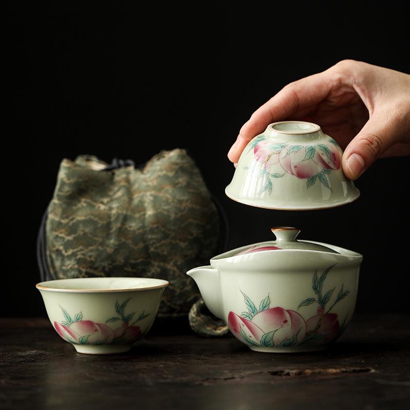 秘黄汝窑便携式旅行茶具套装一壶两杯丁制一人户外随身露营快客杯