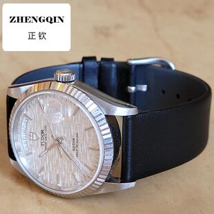 适用头层真牛皮超薄平纹表带黑棕色金扣灰色里皮防汗半包边表带