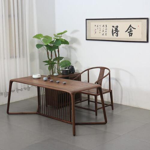 新中式茶桌椅组合实木茶台禅意老榆木干泡茶台胡桃木书桌茶室家具