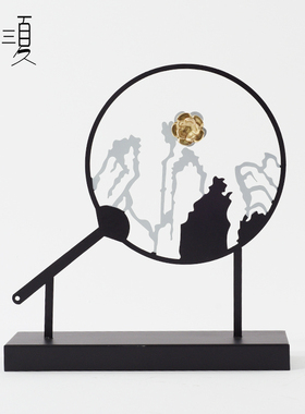 现代新中式雕塑金属摆件扇子屏风玄关G客厅电视柜铁艺风景软装饰