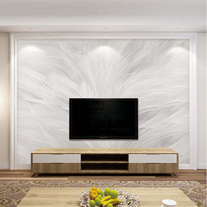 北欧个性创意白羽毛无纺布墙u纸电视背景墙壁纸现代简约卧室3d壁