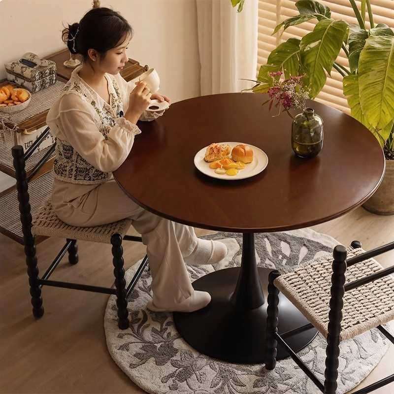 复中古风实木阳台小茶桌椅组合客厅家用圆边几休闲吧台咖啡餐桌子