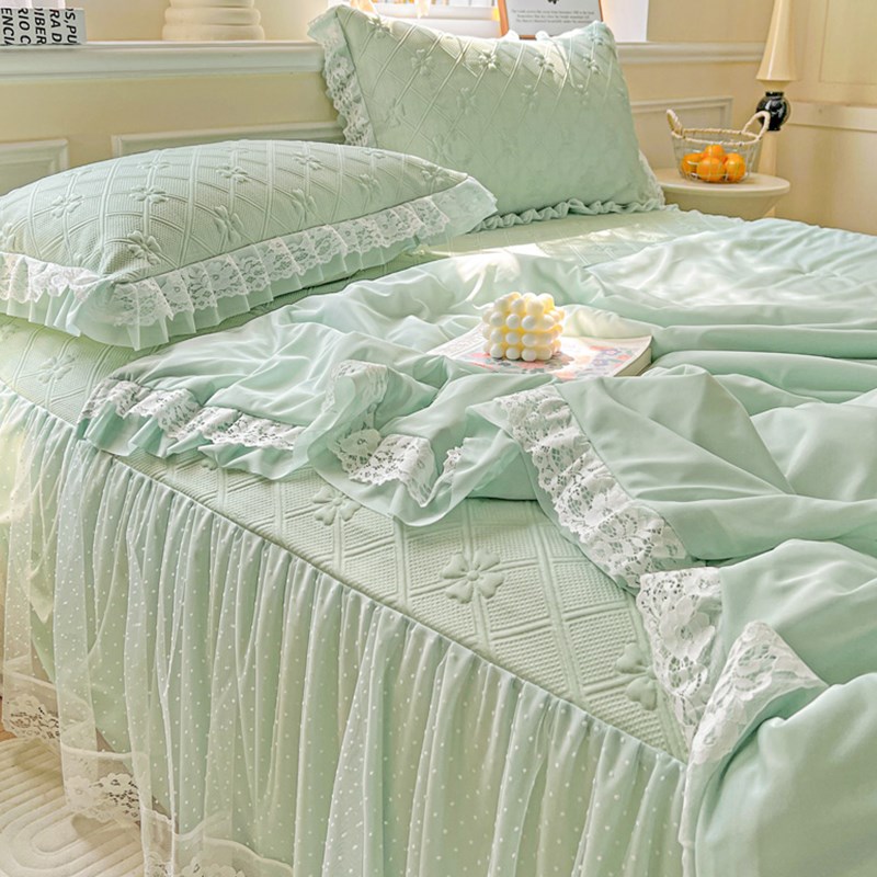 纯色夏季冰丝豆豆凉席床裙款三件套可机洗夏凉被四件套空调软席子