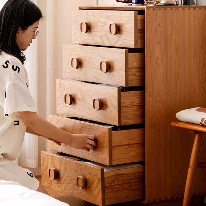 北欧樱桃木方果五斗柜复古卧室床尾柜客厅靠墙中古柜实木收纳斗柜