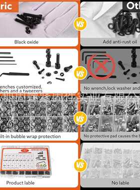 1407pcs高强度黑色杯头内六角螺丝M2 M3 M4 M5配螺母平垫组合套装