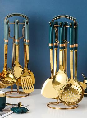 北欧轻奢厨具套装哑光墨绿色烹饪勺铲创意陶瓷手柄不锈钢厨房用具