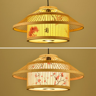 新中式灯笼火锅店包厢竹编吊灯带射灯饭店包间餐桌竹艺灯包房灯具