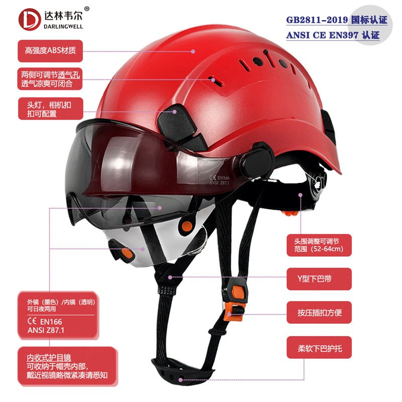 夏季新款护目防砸工地盔安全帽男内置护目镜双镜日夜防护头盔印字