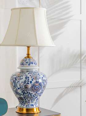 新中式复古景德镇陶瓷台灯蓝色美式客厅卧室床头灯外贸出口灯国风