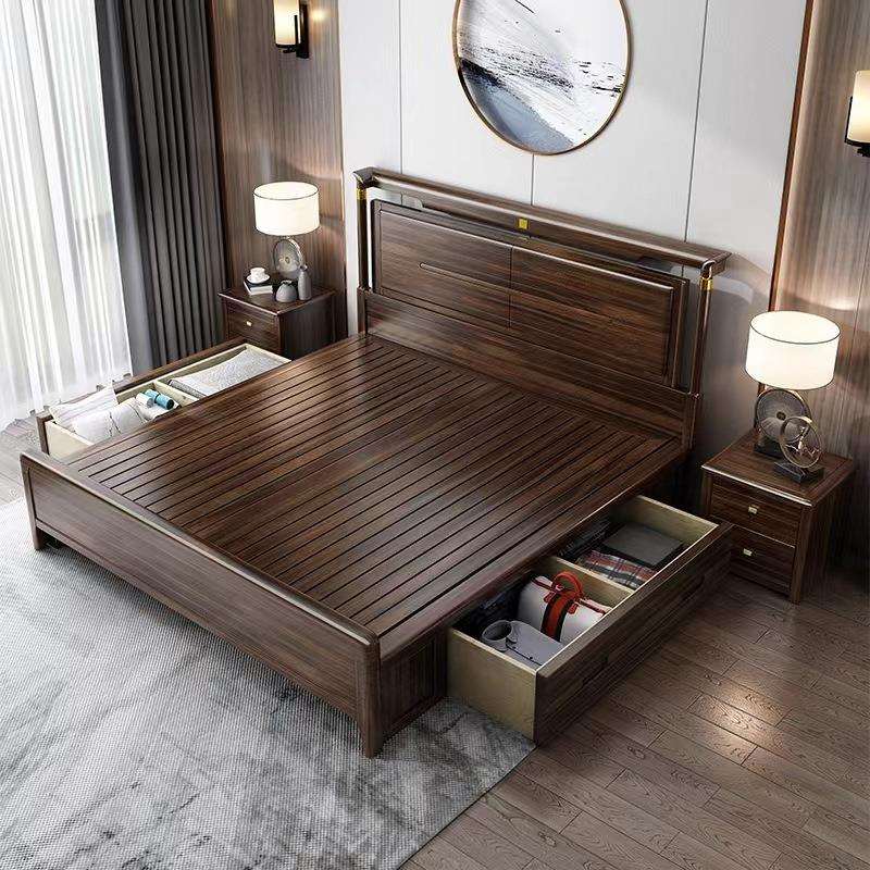 新中式乌金木实木床1.8米现代简约双人大床1.5米主卧高箱储物婚床