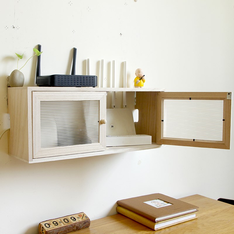 路由器wifi实木免打孔挂墙置物架收纳盒壁挂插排机顶盒遮挡装饰箱