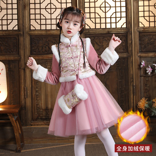 儿童汉服女2021新款裙子唐装冬连衣裙女童加绒冬裙加厚拜年服冬装