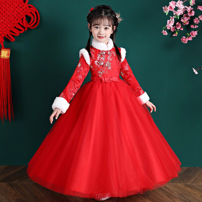 汉服女童秋冬连衣裙中国风唐装旗袍加绒长袖冬裙女儿童裙子古装冬