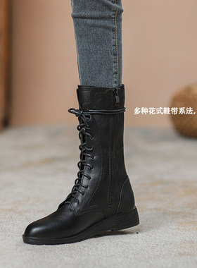 真皮意尓康头层牛皮马丁靴女平底2022新款中筒靴子女坡跟加绒棉靴