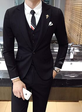 免烫男士西服三件套装韩版修身西装套装青年休闲潮男新郎结婚礼服