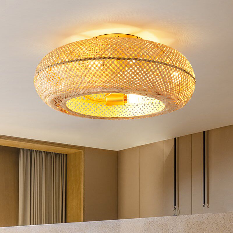 中式风扇顶灯诧寂风竹编卧室书房餐厅日式复古风遥控变频吸顶灯
