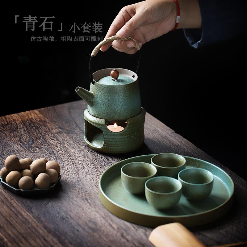 陶瓷提梁壶茶具套装家用蜡烛加热温茶炉复古茶壶茶杯茶盘整套