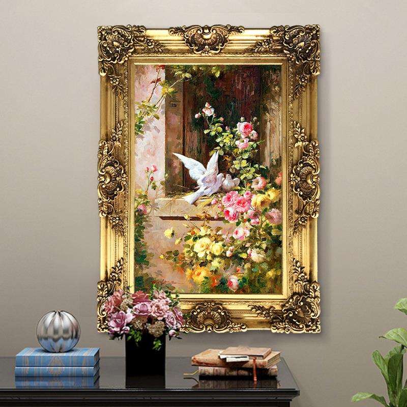 世界名画欧式牡丹油画别墅花园景挂画玄关过道壁炉装饰画比翼双飞