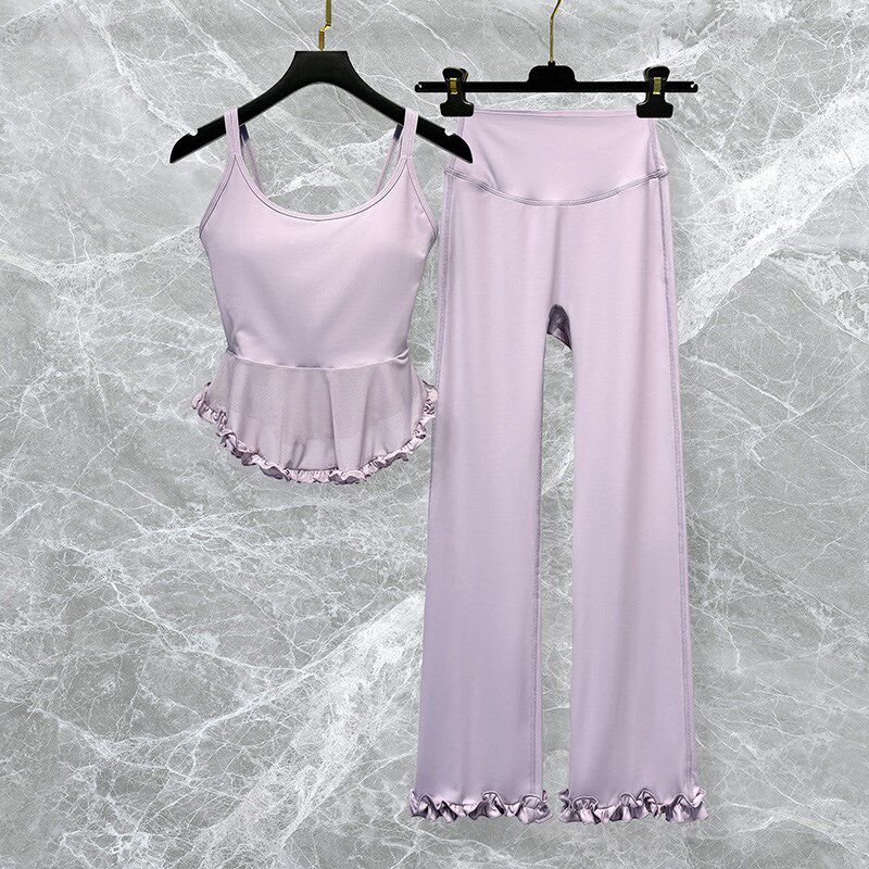 瑜伽服吊带背心女套装2025新款网纱荷叶边运动健身上衣八分喇叭裤