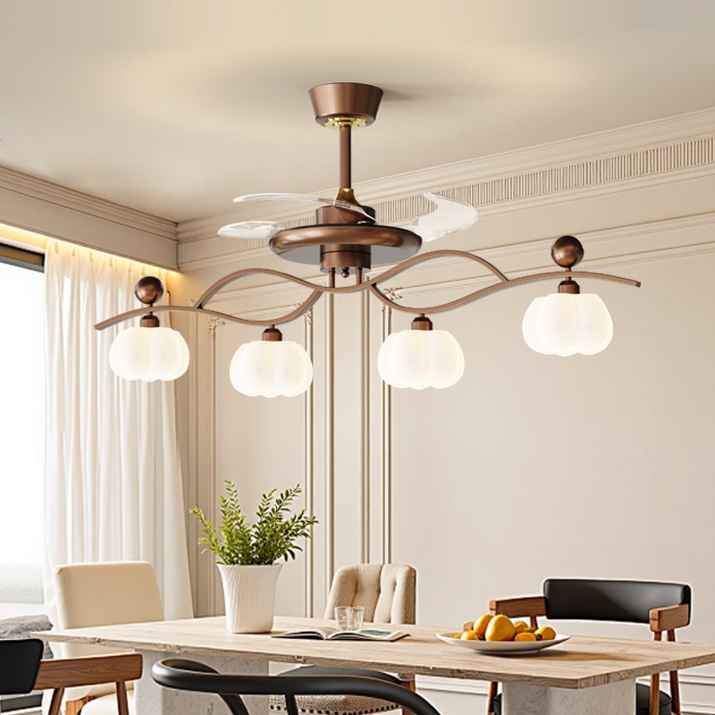 餐厅吊灯隐形风扇简约奶油中古风创意吧台灯新款一字长条饭桌吊灯