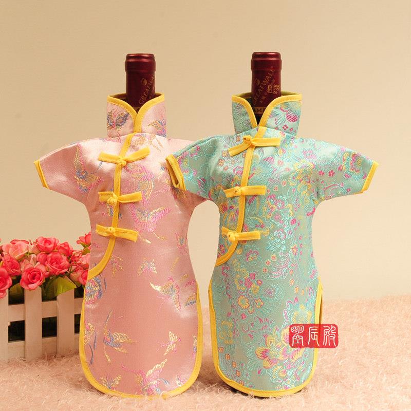 女款旗袍唐装酒瓶套织锦缎中式中国风红酒套酒瓶衣服出国礼品
