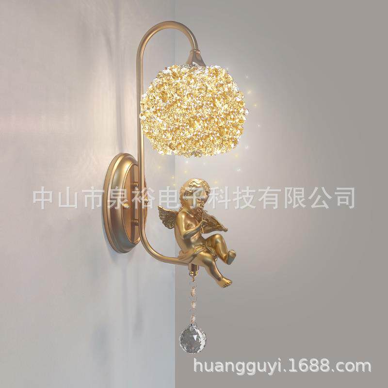 北欧小天使水晶壁灯床头暖光客厅卧室儿童房装饰卡通灯免布线充电
