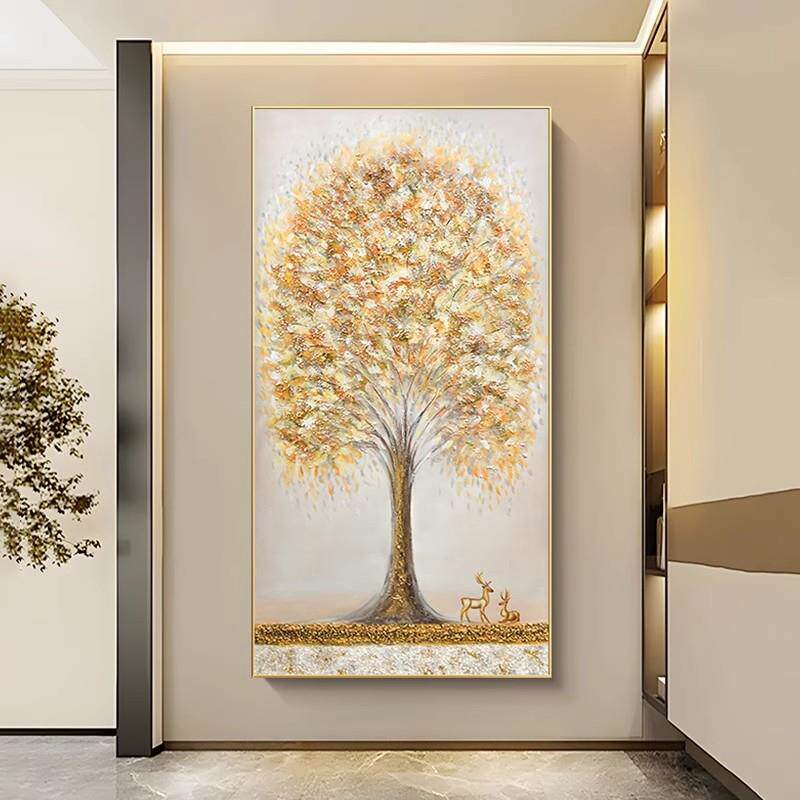 纯手绘油画发财树麋鹿入户玄关装饰画现代轻奢走廊过道挂画高级感