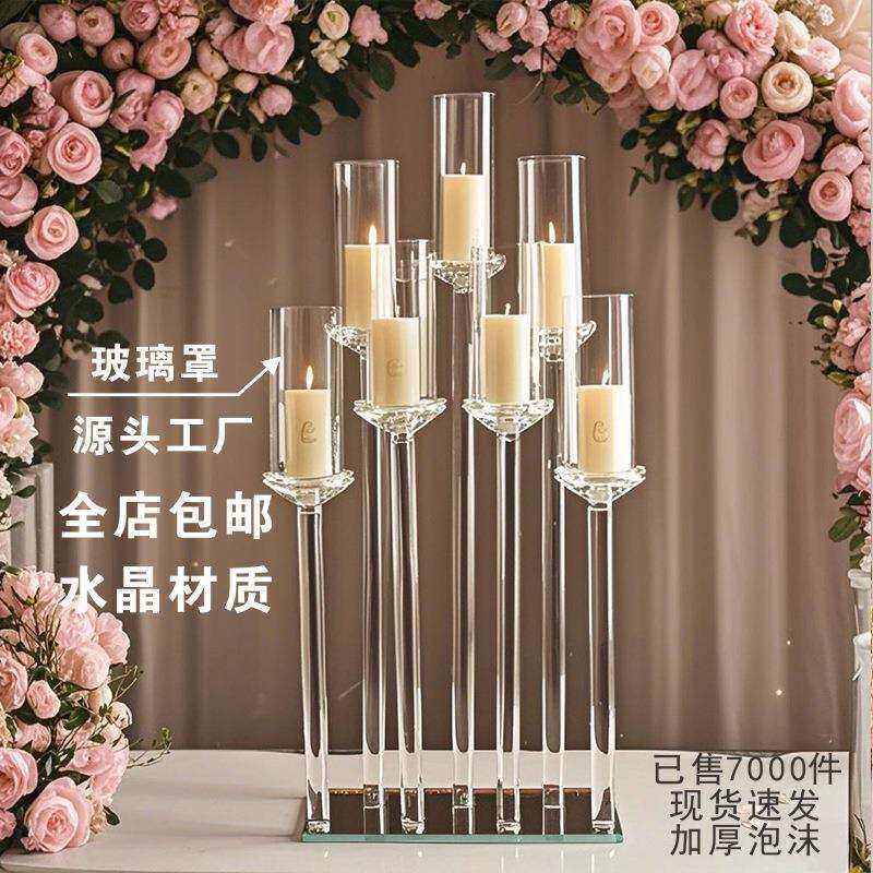 跨境5头水晶烛台玻璃酒店婚庆装饰道具摆件蜡烛台餐桌欧式路引