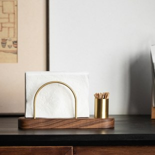 创意轻奢日式实木半圆黄铜纸巾架餐桌厨房用纸架桌面立式纸巾架